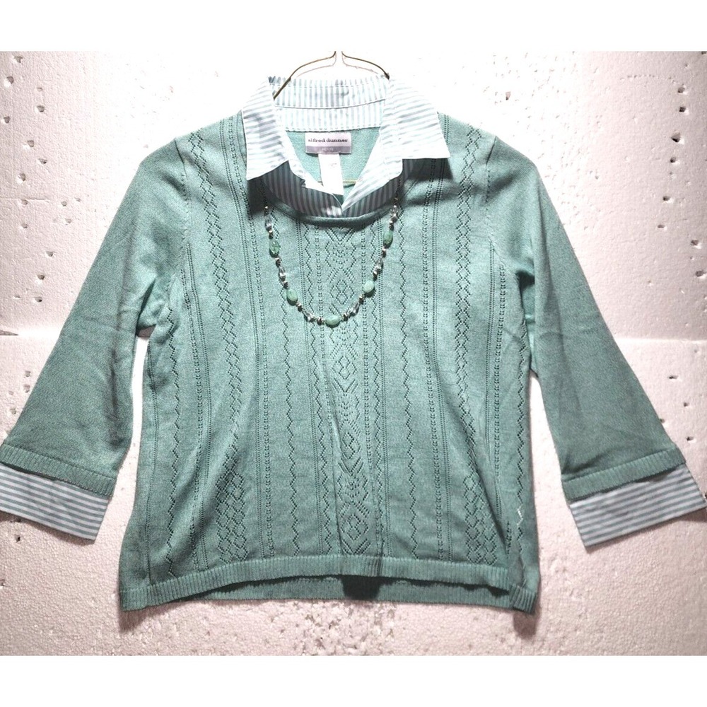 Alfred Dunner Women Top XLP Petite Green Striped Collar Shirt Blouse Necklace